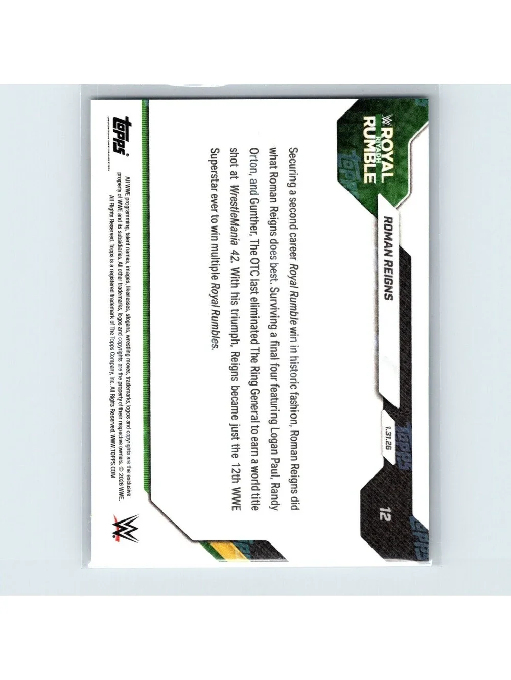 2026 Topps NOW WWE Roman Reigns #12 Wins Royal Rumble